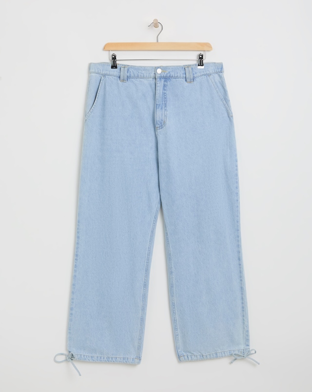 Simply Be Light Wash Tie Detail Wide Leg Denim Parachute Jeans