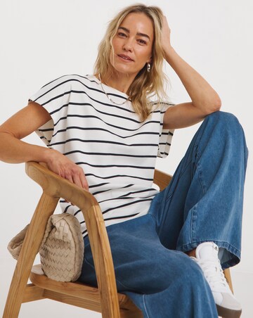 Striped Crew neck Button Shoulder Top