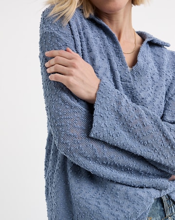 Boucle V-Neck Collared Long Sleeve Top