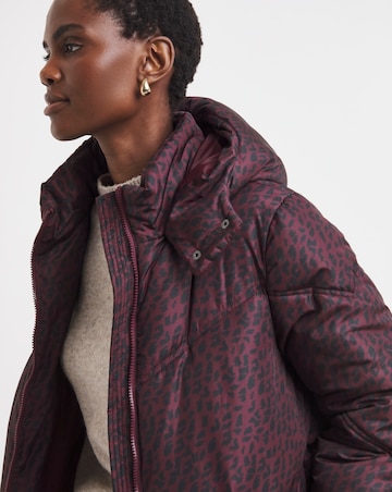 Wine Animal Print Mid Length Padded Coat