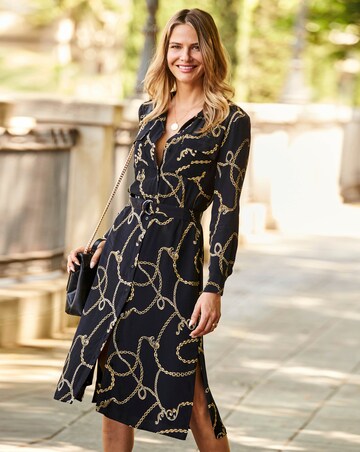 Sosandar Black & Gold Chain Print Belted Shirt Dress