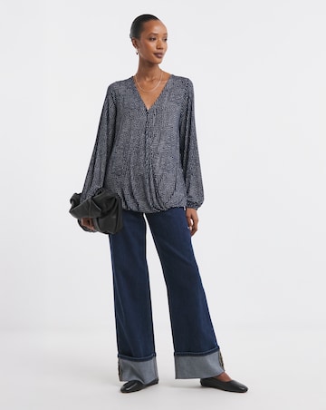 Printed Wrap Long Sleeve Bubble Hem Top