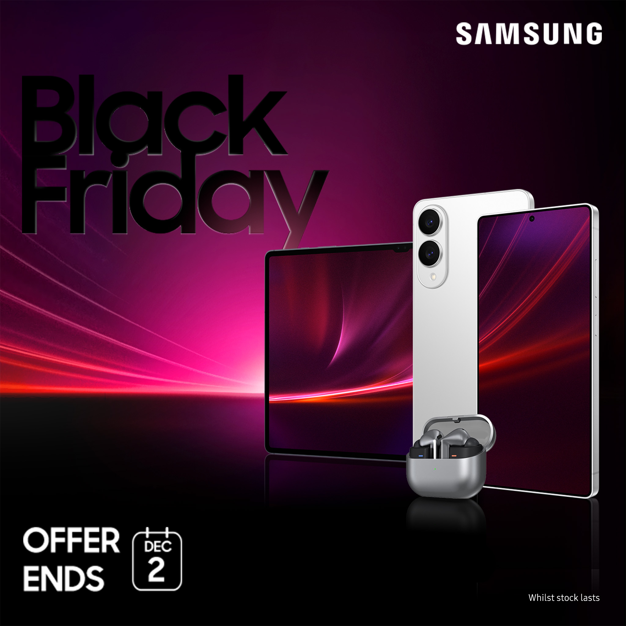 Samsung Black Friday promotion featuring a smartphone, tablet, and earbuds