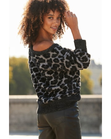 Sosandar Fluffy Animal Jacquard Metallic Off The Shoulder Jumper