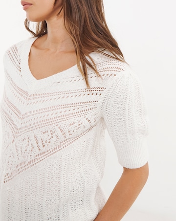 Ivory Crochet V Neck Short Sleeve Jumper