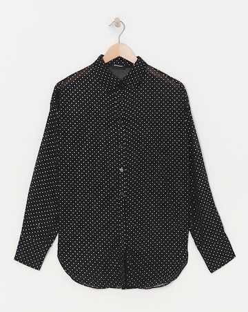 Womens Metallic Spot Chiffon Oversized Long Sleeve Shirt - Black