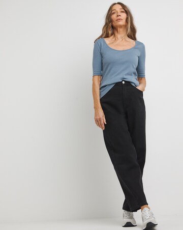 Pure Cotton Steel Blue Scoop Neck Half Sleeve Top