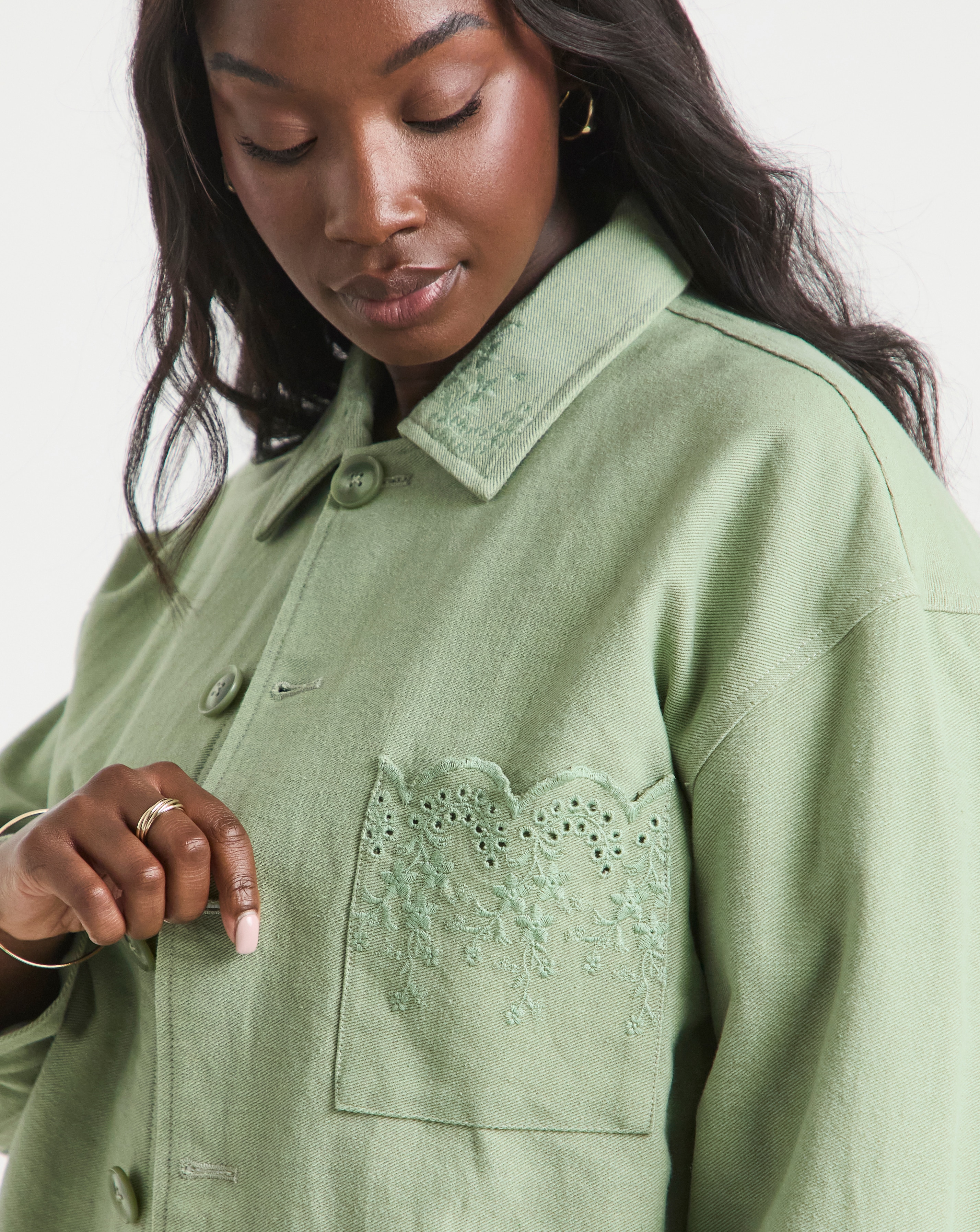 Simply Be Matcha Broderie Hem Utility Cropped Jacket | JD Williams