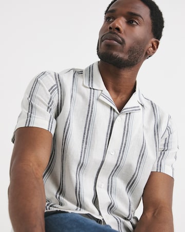 Revere Collar Linen Blend Stripe Shirt