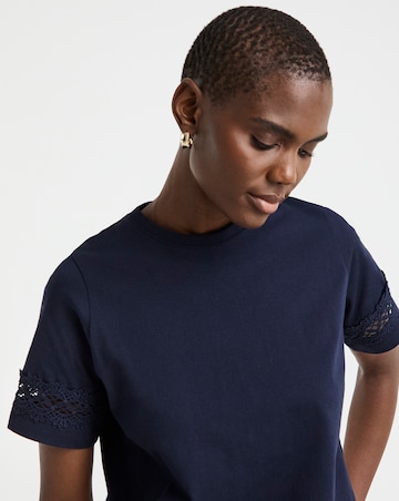 Pure Cotton Crew Neck Short Sleeve Lace Insert T-shirt