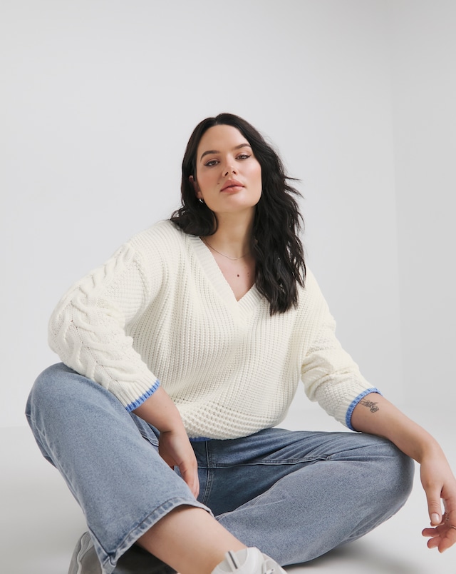 Simply Be White Waffle Stitch Tipped Jumper