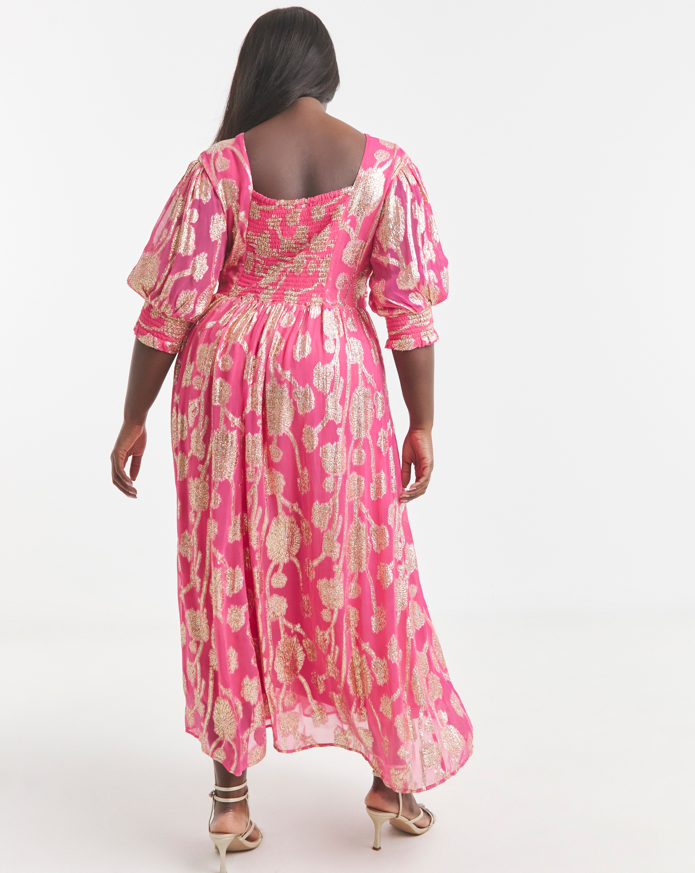 Simply Be Pink and Gold Jacquard Detail Maxi Dress | JD Williams