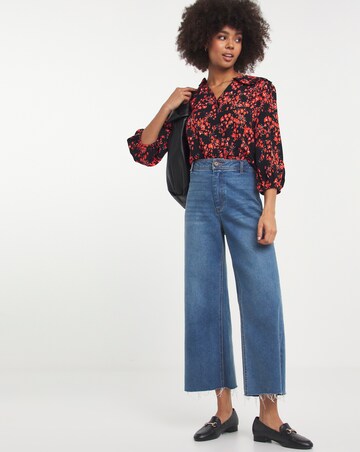 Red Animal Print V Neck Statement Collar Shirt