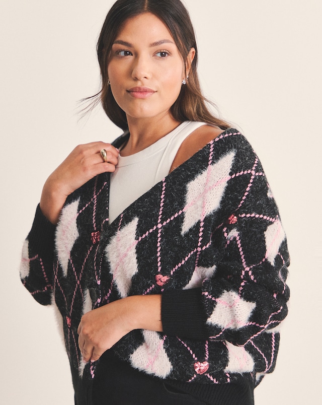Simply Be Sequin Heart Fluffy Argyle Boyfriend Cardigan
