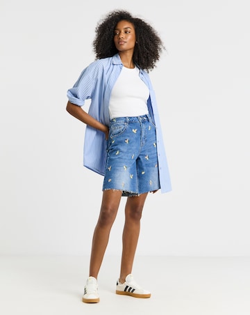 Simply Be Mid Blue Fruit Embroidered Denim Bermuda Short