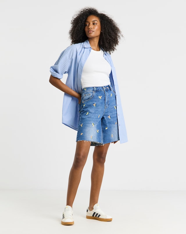 Simply Be Mid Blue Fruit Embroidered Denim Bermuda Short