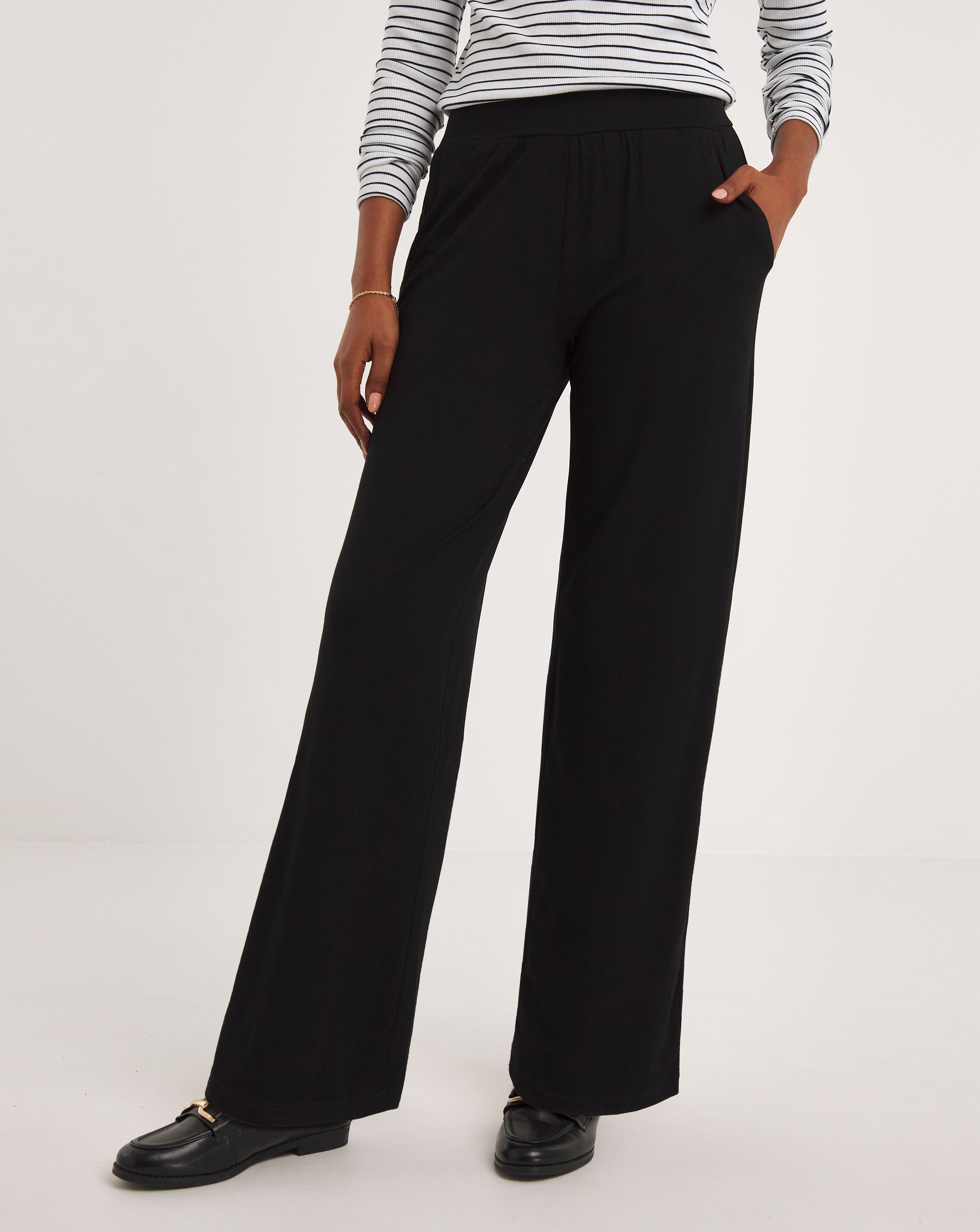 Black Pull On Stretch Jersey Straight Leg Trousers | JD Williams