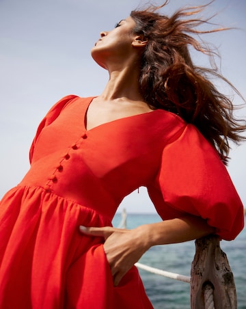 Ro&Zo Linen Blend Puff Sleeve V Neck Midi Dress