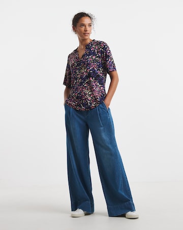 Navy Print Frill Neck Top