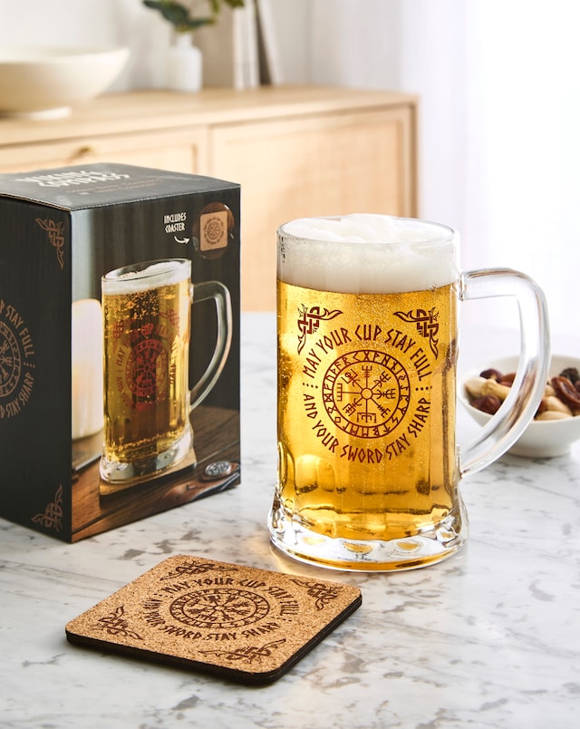Viking Compass Glass Beer Tankard with Coaster