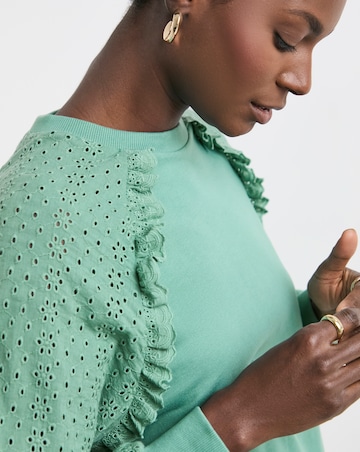 Pure Cotton Teal Broderie Sleeve Frill Detail Sweat