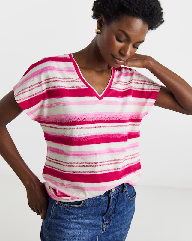 Pink Stripe Short Sleeve V-Neck T-Shirt