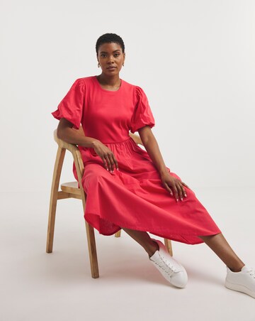 Jersey Midi Dress With Poplin Puff Sleeves