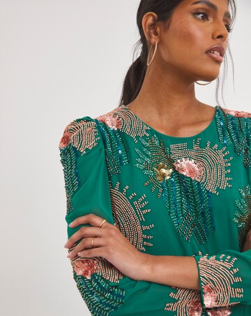 Joanna Hope Peacock Green Deco Beaded Midi Dress