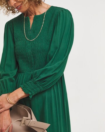 Zip Front Shirred Bodice Smock Dress