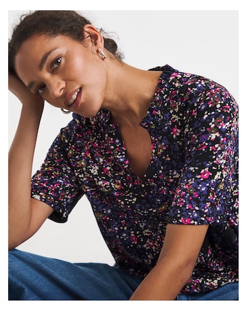 Navy Print Frill Neck Top