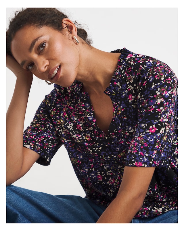 Navy Print Frill Neck Top