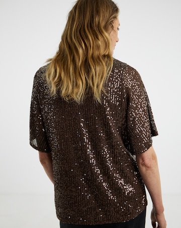 Sequin V-Neck Angel Sleeve Top