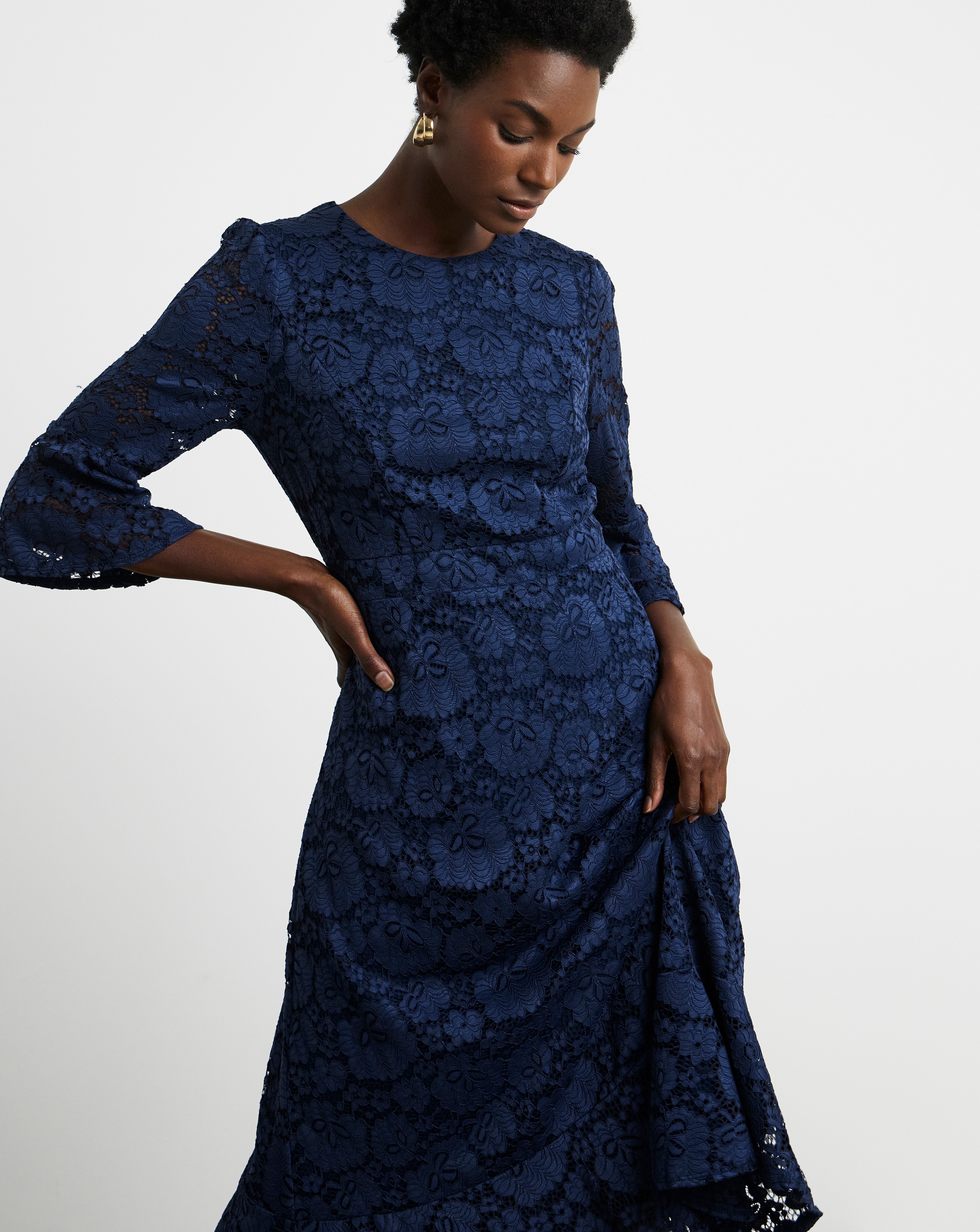 Joanna Hope Fluted Sleeve Stretch Lace Midi Dress | JD Williams