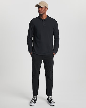 Pure Cotton Long Sleeve Pique Polo Long Length- Black