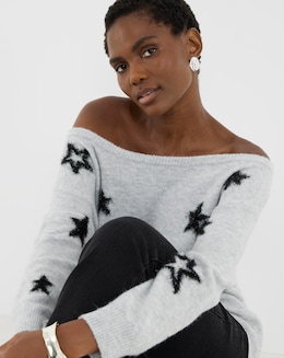 Grey Off The Shoulder Tinsel Star Tunic