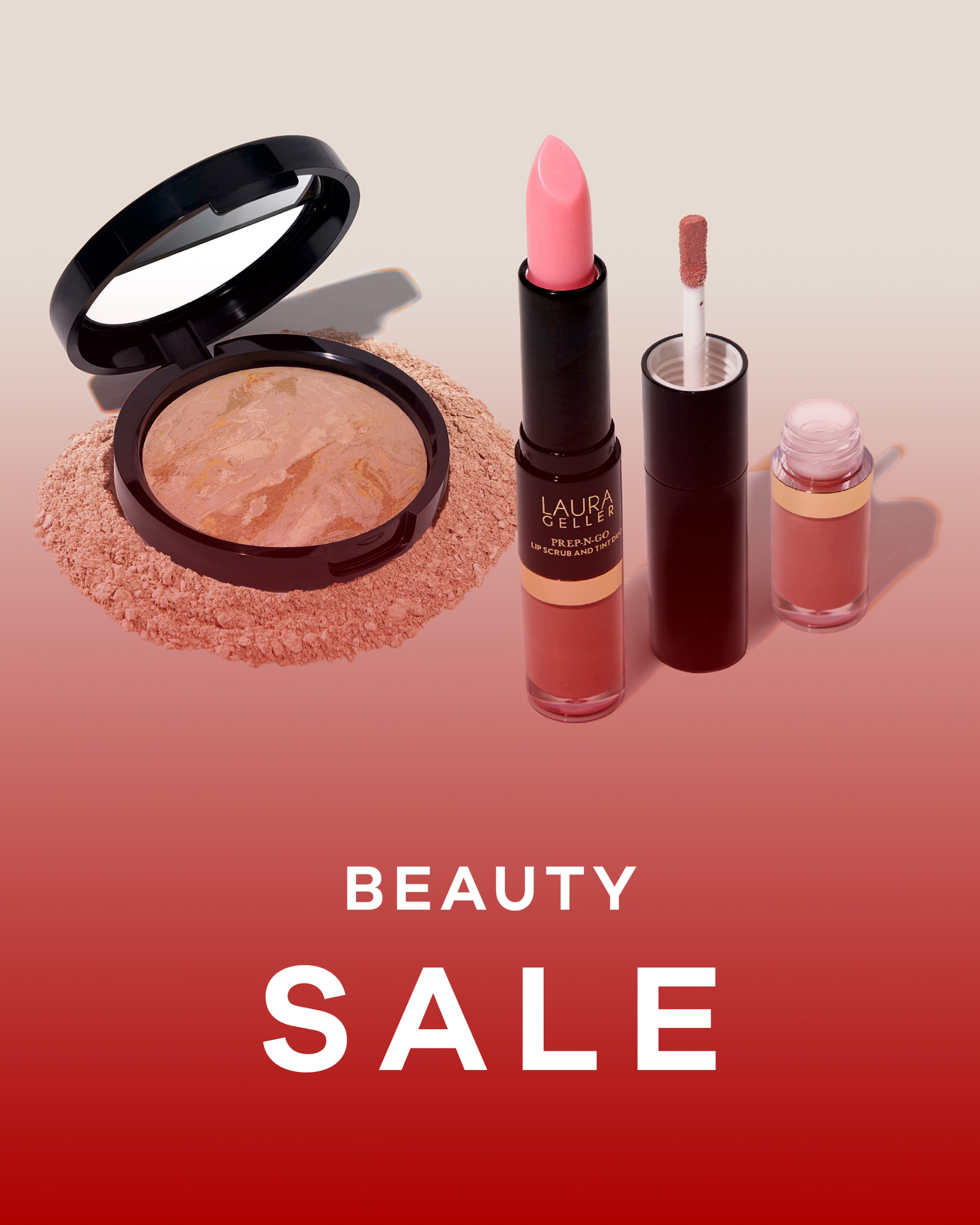 Beauty sake text overlaid on an image of a make up with a red overlay on the image