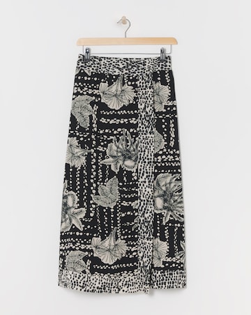 Border Print Linen Mix Midi Wrap Skirt