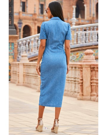 Sosandar Mid Blue Panelled Detail Button Front Denim Dress