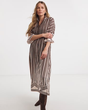 Border Print Placket Detail Smock Dress