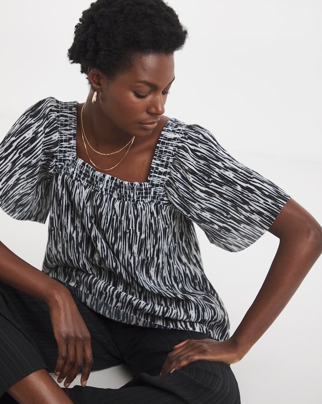 Printed Plisse Square Neck Top