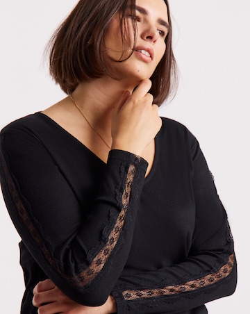 Simply Be Black Slash Neck Rib Top with Lace Sleeve Detail