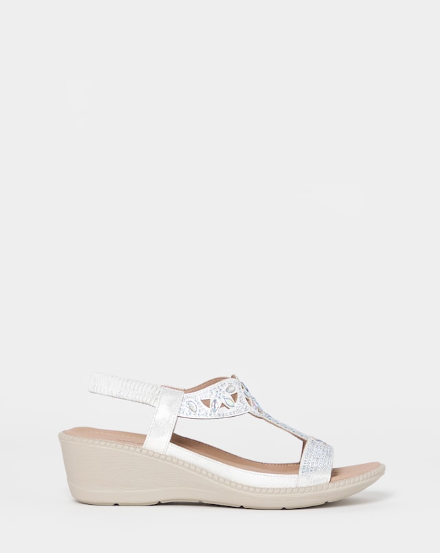 Cushion Walk White/Silver Embellished Wedges - Wide Fit (E)