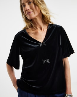 Velvet Bow Front Angel Sleeve Top