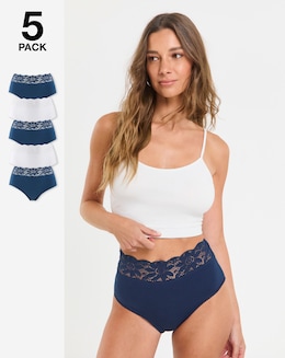 Pretty Secrets (5 Pack) Lace Top Full Brief Knickers Navy/White