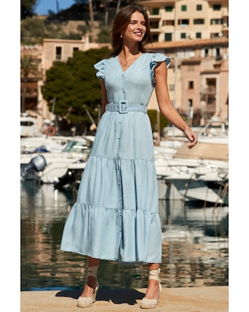 Sosandar Light Wash Ruffle Sleeve Tiered Hem Midi Dress