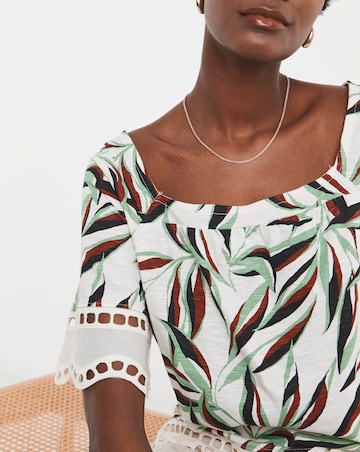 Pure Cotton Square Neck Broderie Sleeve and Hem Top