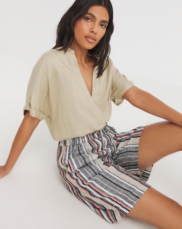 Pink Stripe Linen Mix Knee Length Shorts