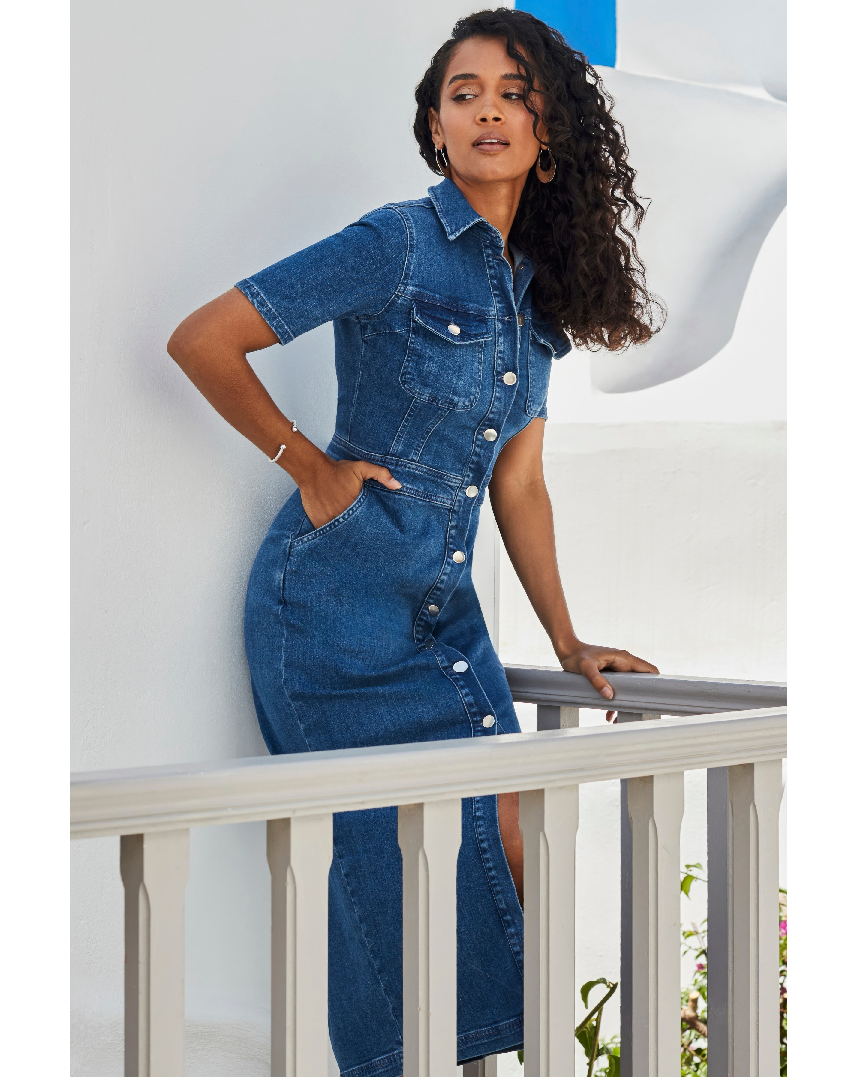Sosandar Short Sleeve Button Front Denim Midaxi Dress | JD Williams
