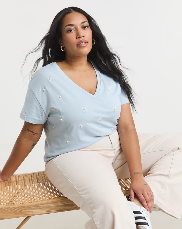 Simply Be Blue V Neck Flower Embroidery & Pearls T-Shirt