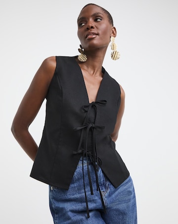 Black Tie Front Linen Mix Waistcoat